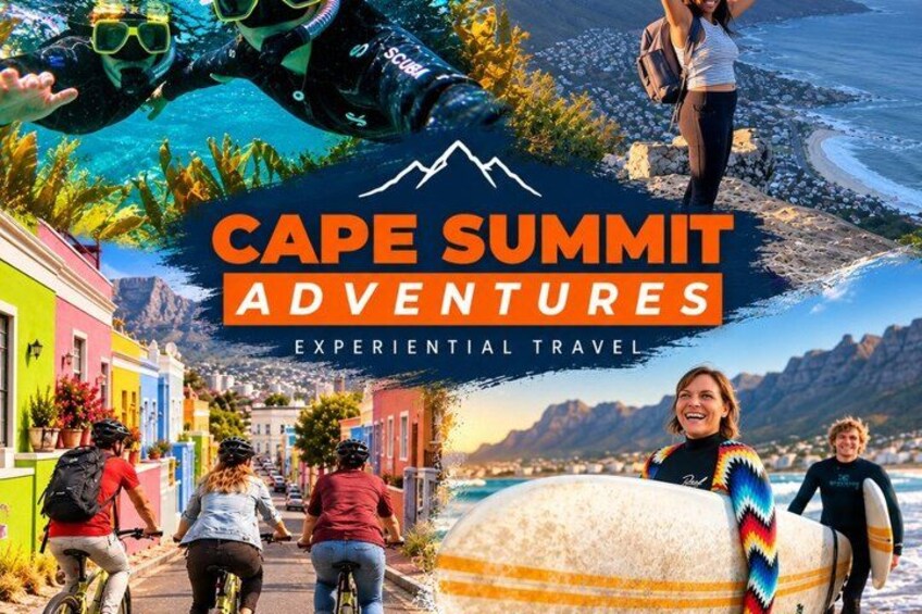 A colorful coastal town, a person snorkeling, a person surfing, and a person on a bicycle. 3