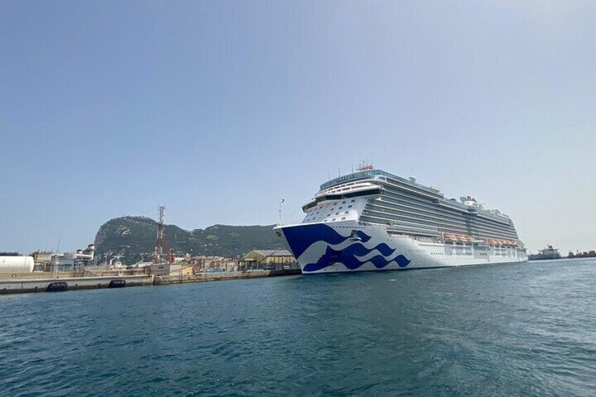 A large cruise ship docked at a port with a mountainous landscape in the background. 5