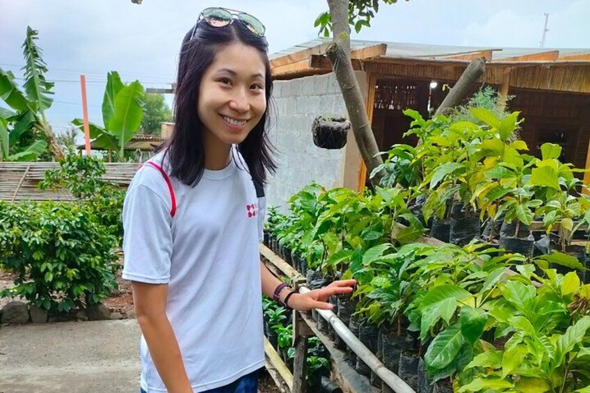A person standing in a garden with various plants and a wooden structure in the background. 2