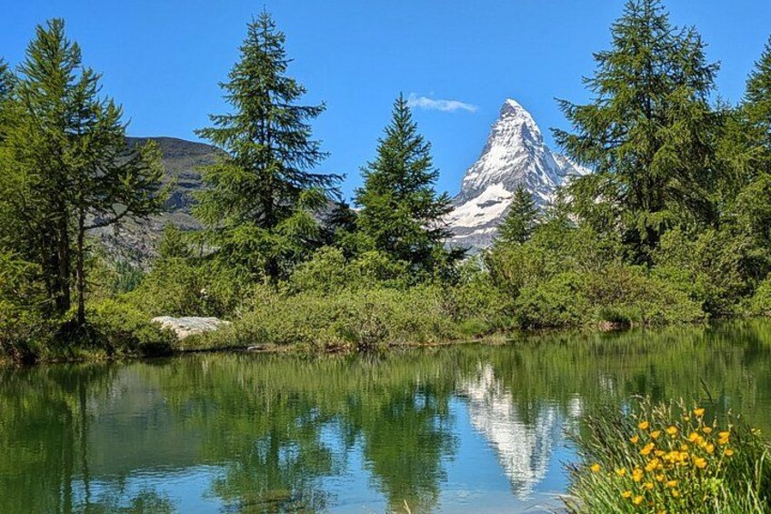 Un lago con riflessi, alberi e la cima di una montagna. 1