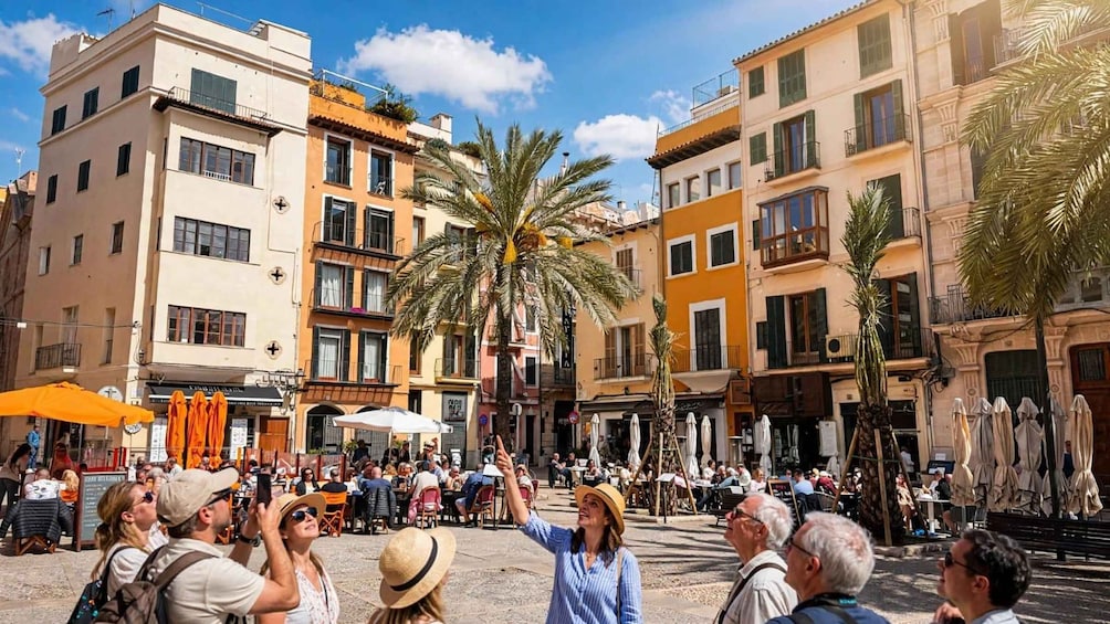 A bustling outdoor café area with people dining and socializing, surrounded by multi-story buildings with balconies and palm trees. 1