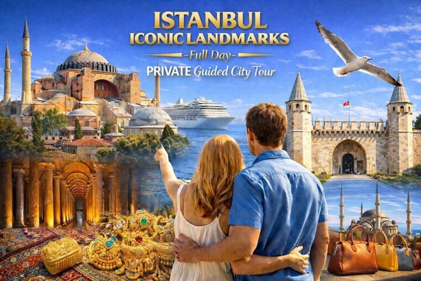 A couple looking at a cityscape with landmarks, including a mosque and a castle. 4