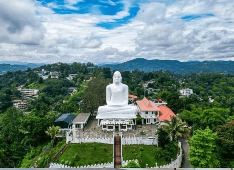 A large white statue of a seated figure, surrounded by lush greenery and a mountainous backdrop. 5
