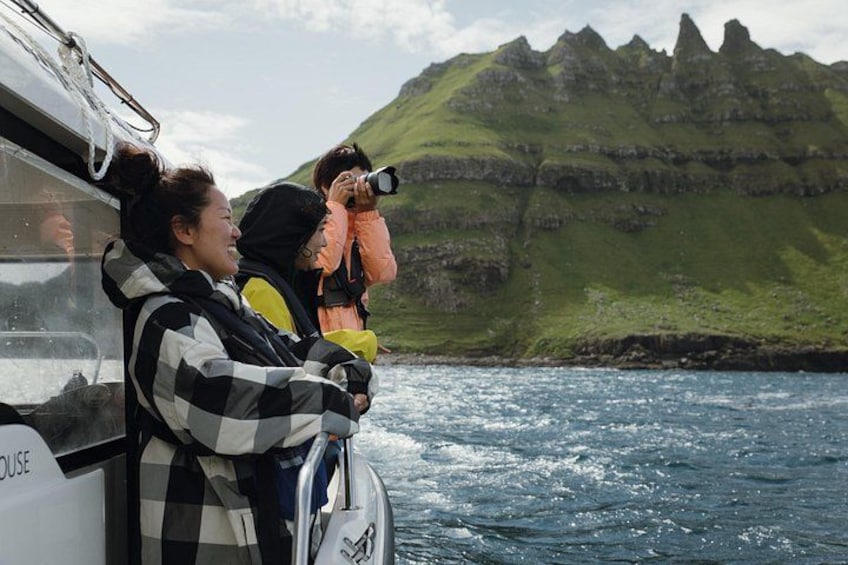 A boat with people taking photos of a mountainous coastline. 1
