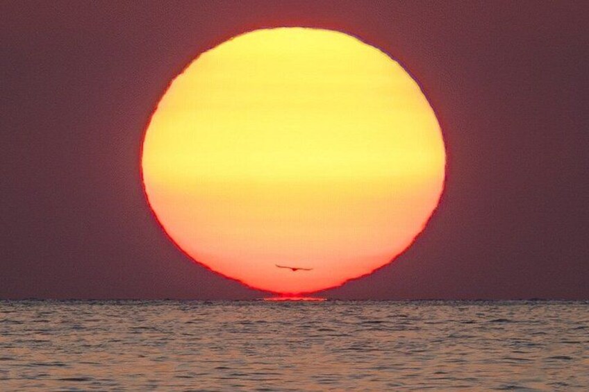 A large sun setting over a body of water. 3