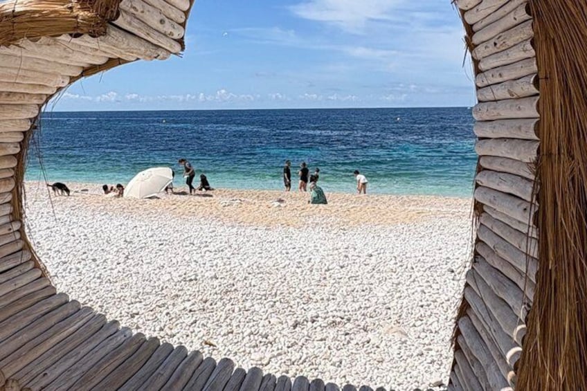 Una spiaggia con persone, un cane e un ombrellone bianco. 3