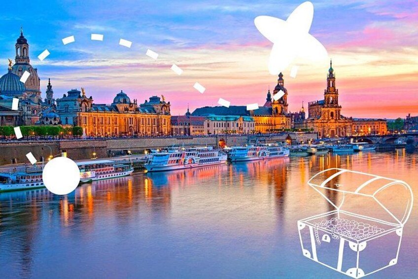 A river with boats, a city skyline with historic buildings, and a sunset. 1