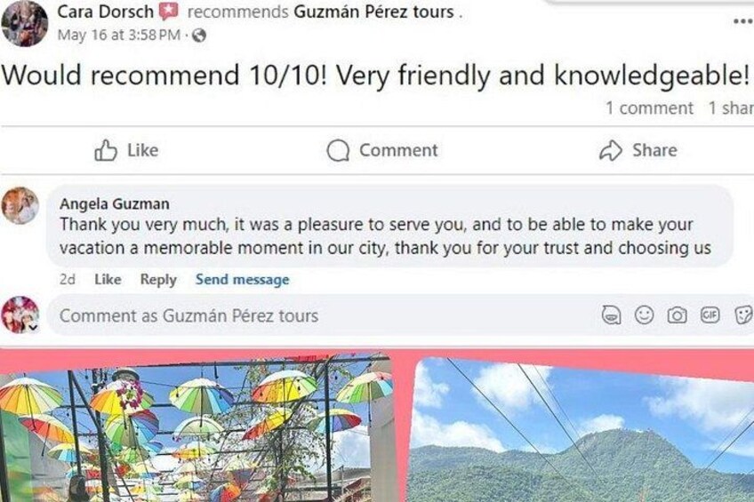 Een Facebook-bericht met een beoordeling van 10/10 voor Guzmán Pérez tours, een reactie vol dankbaarheid, en een foto van kleurrijke parasols. 2
