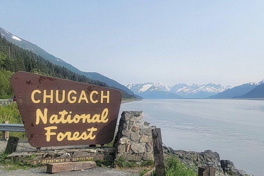 A sign for Chugach National Forest with a lake and mountains in the background. 3