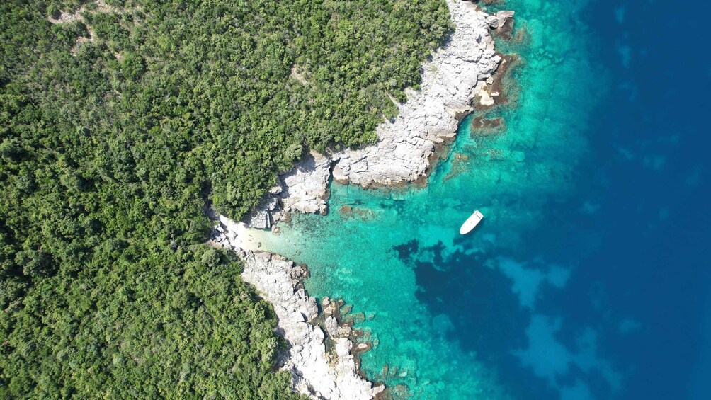 An aerial view of a coastal area with dense green vegetation, rocky cliffs, and clear turquoise waters. 3