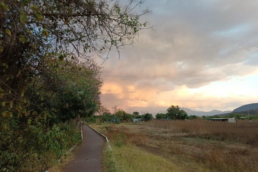 Un camino rural, campos y montañas distantes bajo un cielo nublado. 2