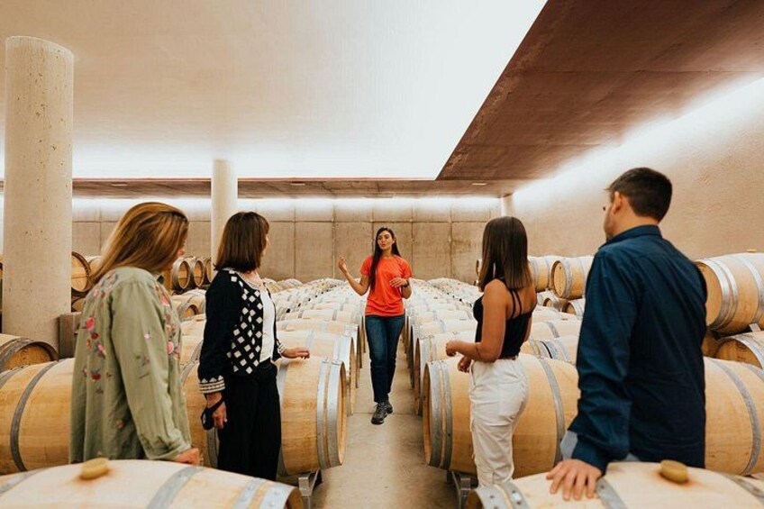 A group of people in a wine cellar with rows of wooden barrels. 3