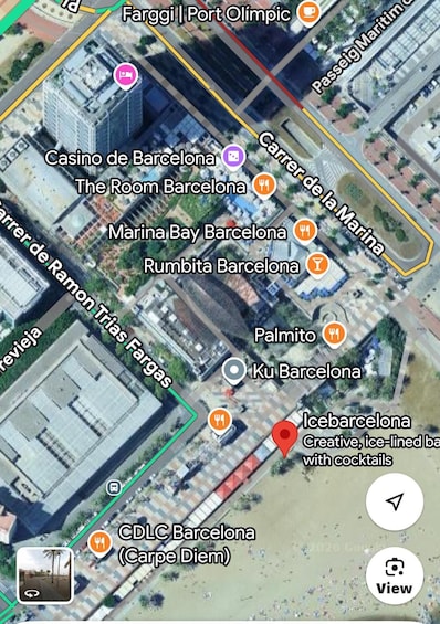 A satellite map of Barcelona with landmarks like the Casino de Barcelona, The Room Barcelona, and Marina Bay Barcelona. 2