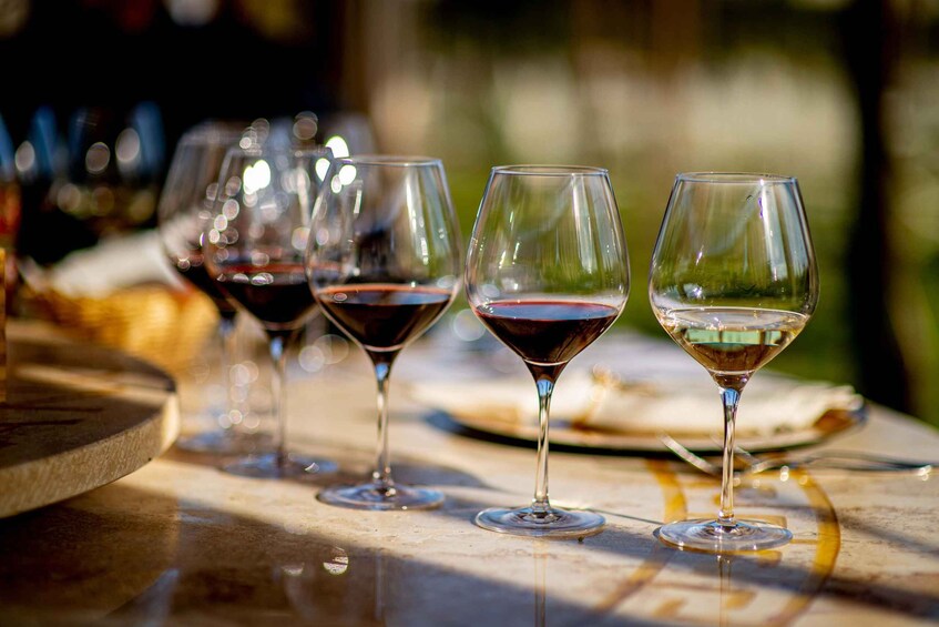 Four wine glasses on a table with a blurred outdoor background. 3