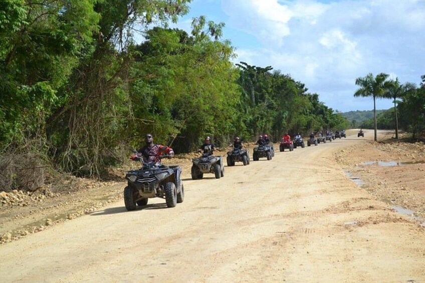 A group of people riding ATVs on a dirt road surrounded by trees. 1