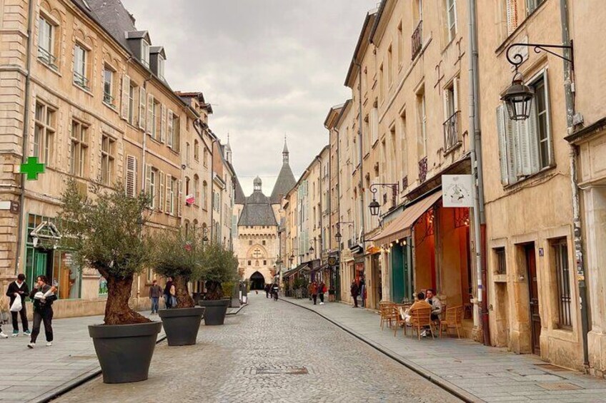 A cobblestone street lined with historic buildings, potted trees, and people walking. 4