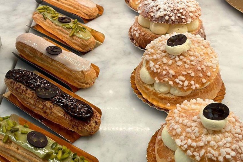 A variety of pastries on a marble surface. 1