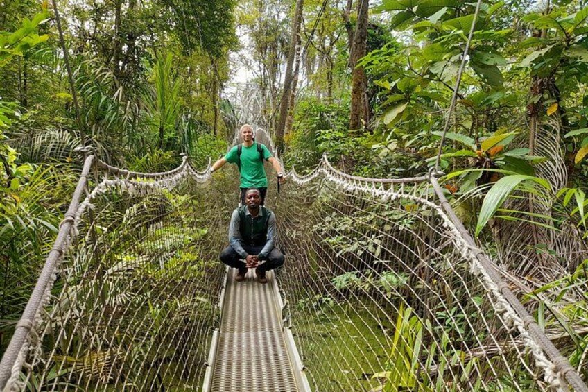 Een persoon in een groen shirt staat op een touwbrug in een bos. 1