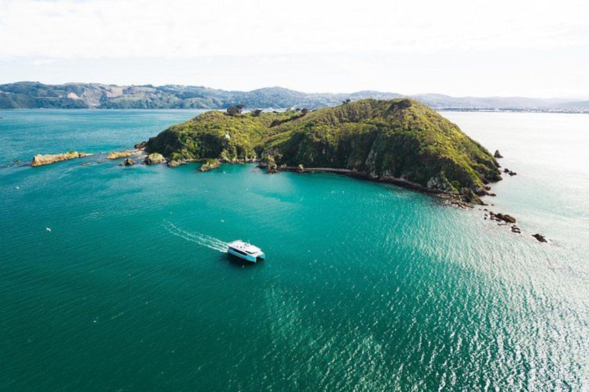 A boat on turquoise water near a green island with rocky outcrops. 1