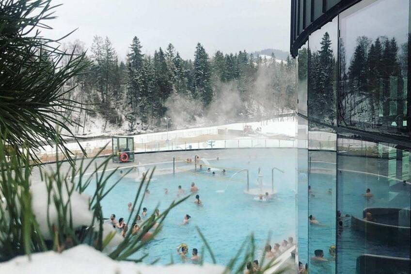 An indoor swimming pool with people swimming and a view of a snowy forest. 1