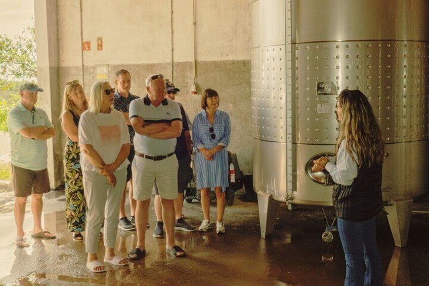 A group of people standing in a wine cellar with stainless steel tanks. 2