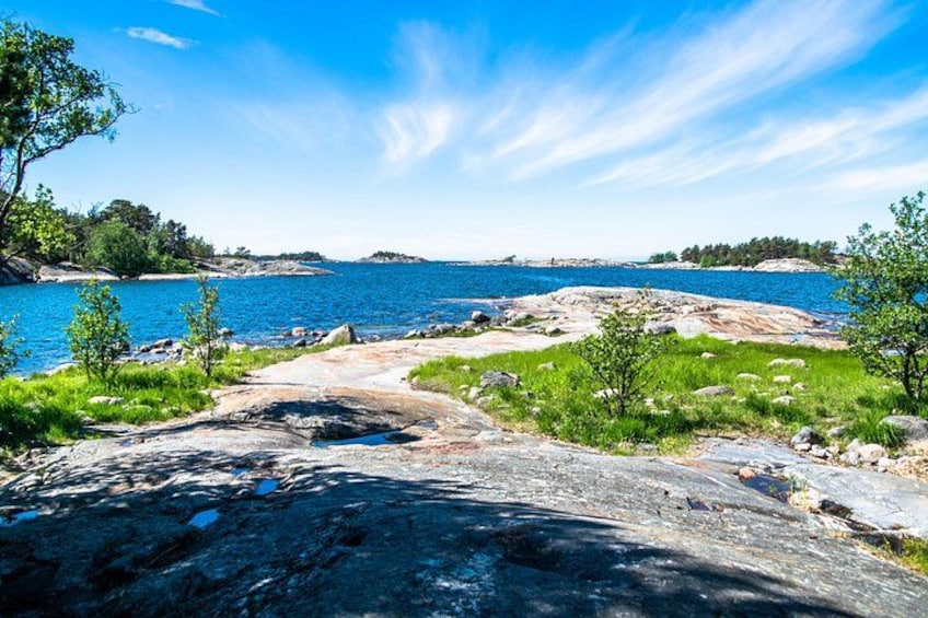 A rocky shoreline with a clear blue sky, a body of water, and green vegetation. 3