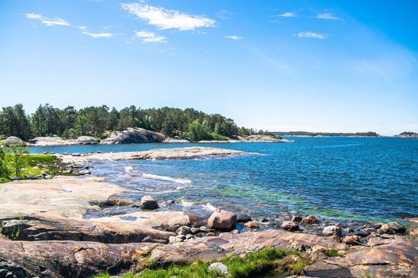 A rocky shoreline with clear water, trees, and a distant landmass. 1