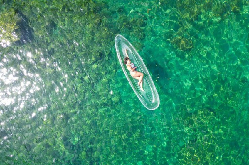 A person floating on a clear water body surrounded by green aquatic vegetation. 2