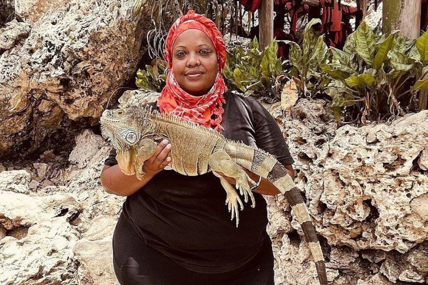 A person holding a large lizard in a rocky outdoor setting. 4