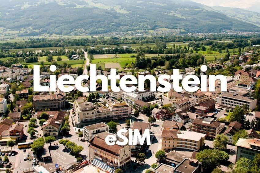 An aerial view of Liechtenstein's town with buildings and mountains in the background. 1
