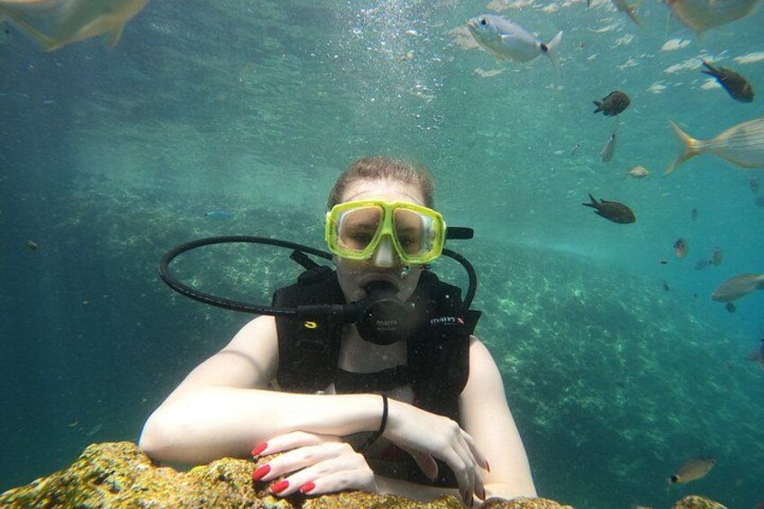 A person scuba diving with a group of fish in clear water. 4