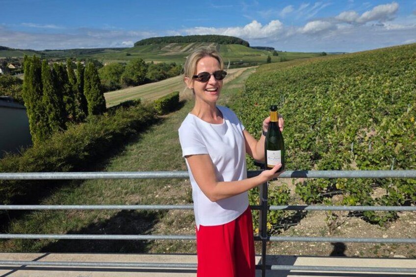 A person holding a bottle of wine, standing on a bridge with a vineyard in the background. 5