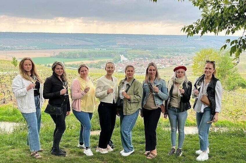 A group of people standing on a grassy hill with a scenic view of a town and fields in the background. 4