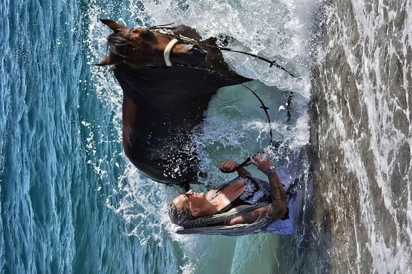 Una persona cavalca un cavallo su una spiaggia, con le onde che si infrangono. 5