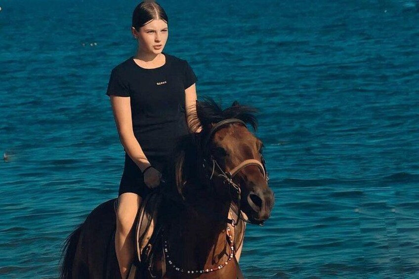 Una persona cavalca un cavallo in riva al mare. 3
