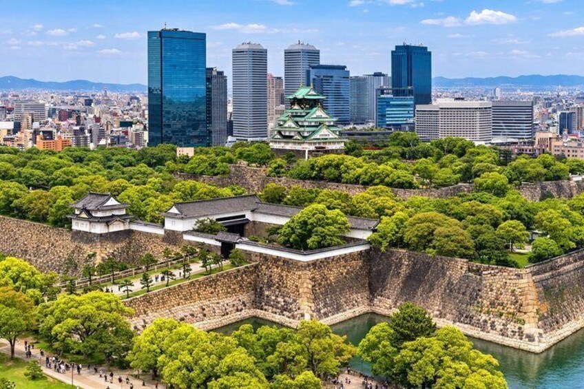 A historic castle surrounded by lush greenery, with modern skyscrapers in the background. 1