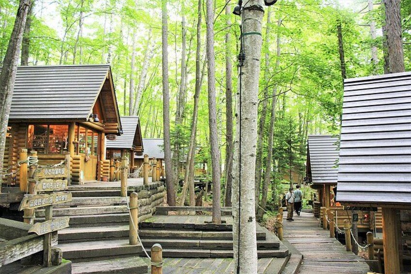 Holzblockhäuser in einem Wald, mit einer Holztreppe, die zu ihnen hinaufführt. 3