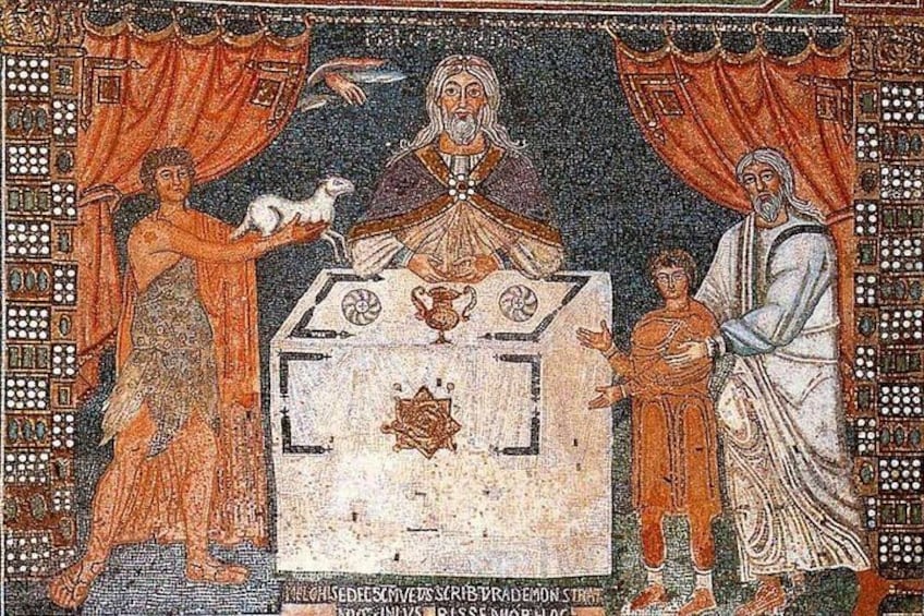 A mosaic with figures, a table, and a bird. 1