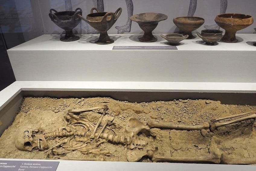 An archaeological display with ancient pottery and a skeleton. 3