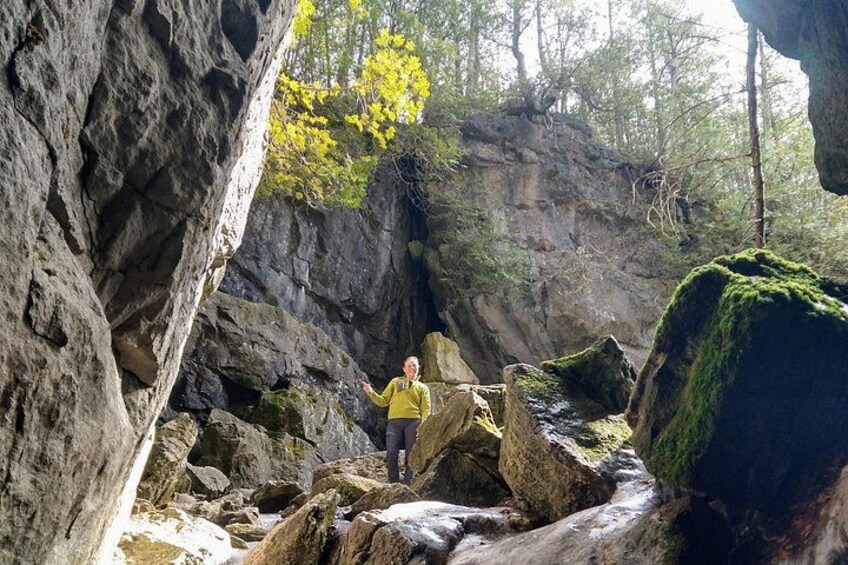 A person standing on rocks in a rocky terrain with moss-covered boulders and trees in the background. 3