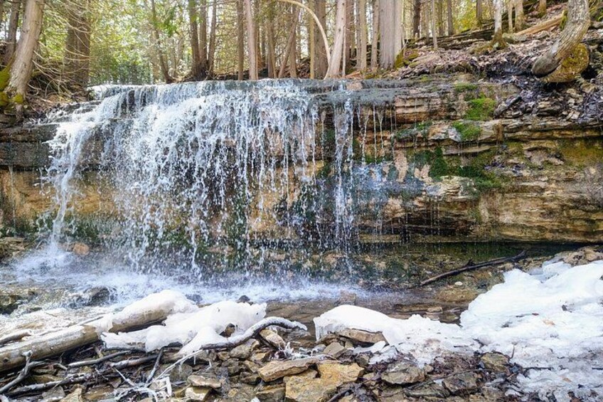 A waterfall in a forested area with snow on the ground. 4