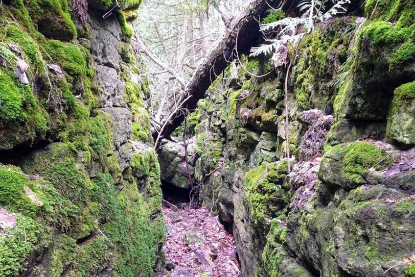 A moss-covered rocky terrain with a narrow passage. 5