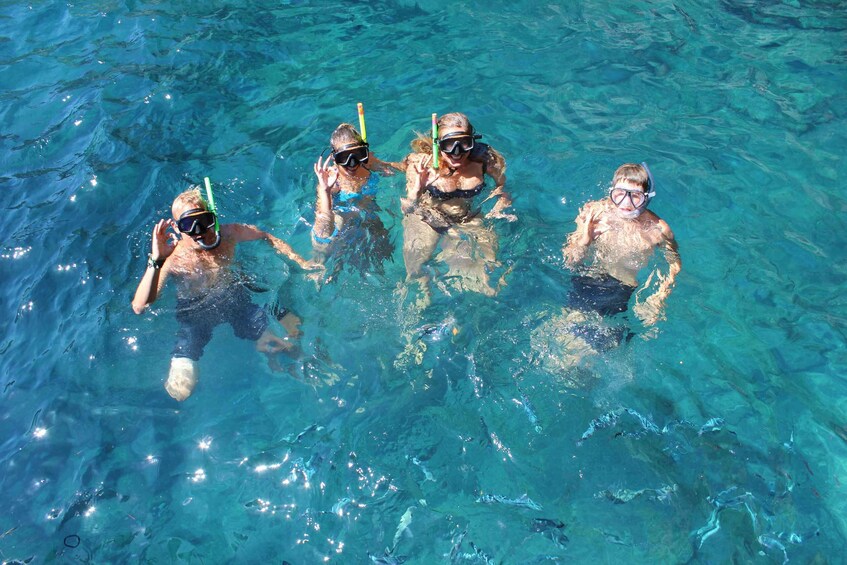 Four people snorkeling in clear blue water. 5