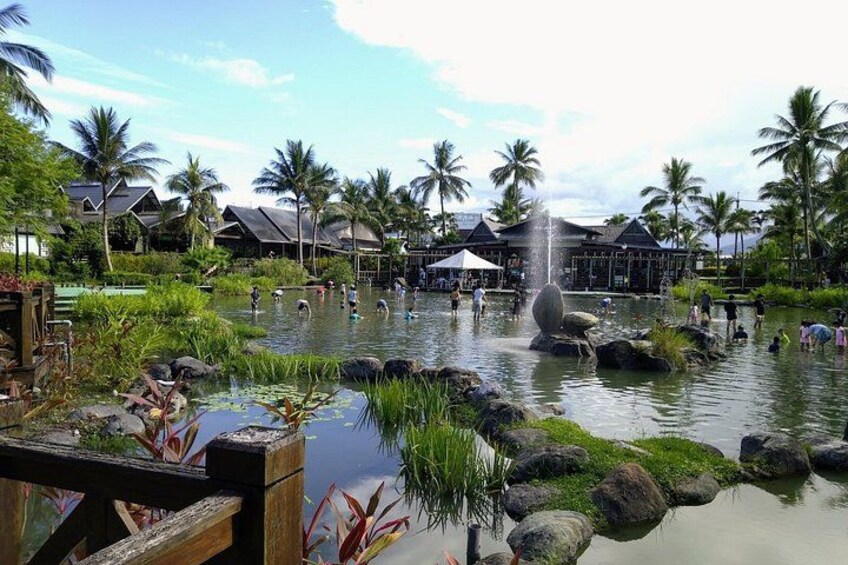 A water body with rocks and plants, surrounded by palm trees and traditional buildings. 2