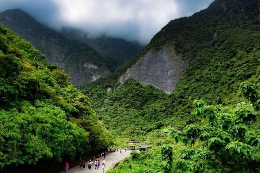 A lush green valley with a pathway leading to a structure. 5