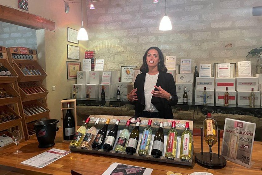 A wine tasting room with a woman standing behind a counter displaying various wine bottles. 3