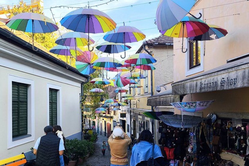 A street with colorful umbrellas hanging overhead, a shop named 'Rauhät Shop,' and people walking. 4