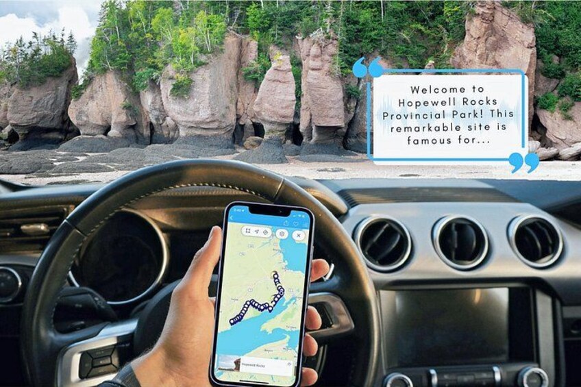 Ein Smartphone zeigt eine Karte, ein Lenkrad und eine felsige Landschaft mit Bäumen. 3