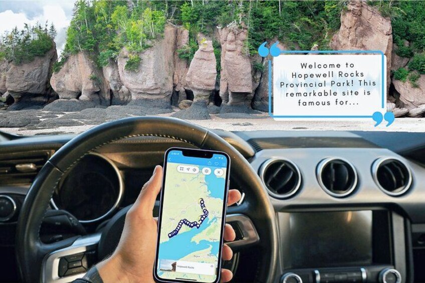 A person holding a smartphone with a map application, a steering wheel, and a view of Hopewell Rocks Provincial Park with distinctive rock formations. 3