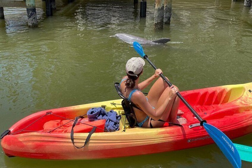 A person kayaking in a red and yellow kayak on calm water with a paddle. 2